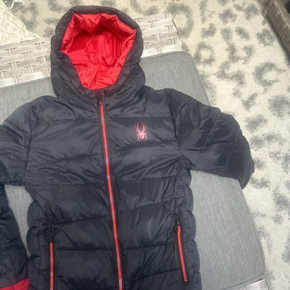 Spyder Puffer zip Jacket Boys xs 5/6 Black Red Kids Children's Ski winter Coat